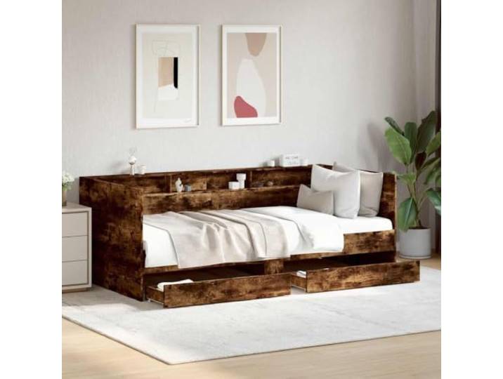 RJPLMFV Tagesbett 2-in-1 mit Schubladen, 90 x 190 cm, Raucheiche Ausziehbares Sofa, Aufbewahrung mit 2 Schubladen, Rahmen aus Holz, Lattenrost inklusive