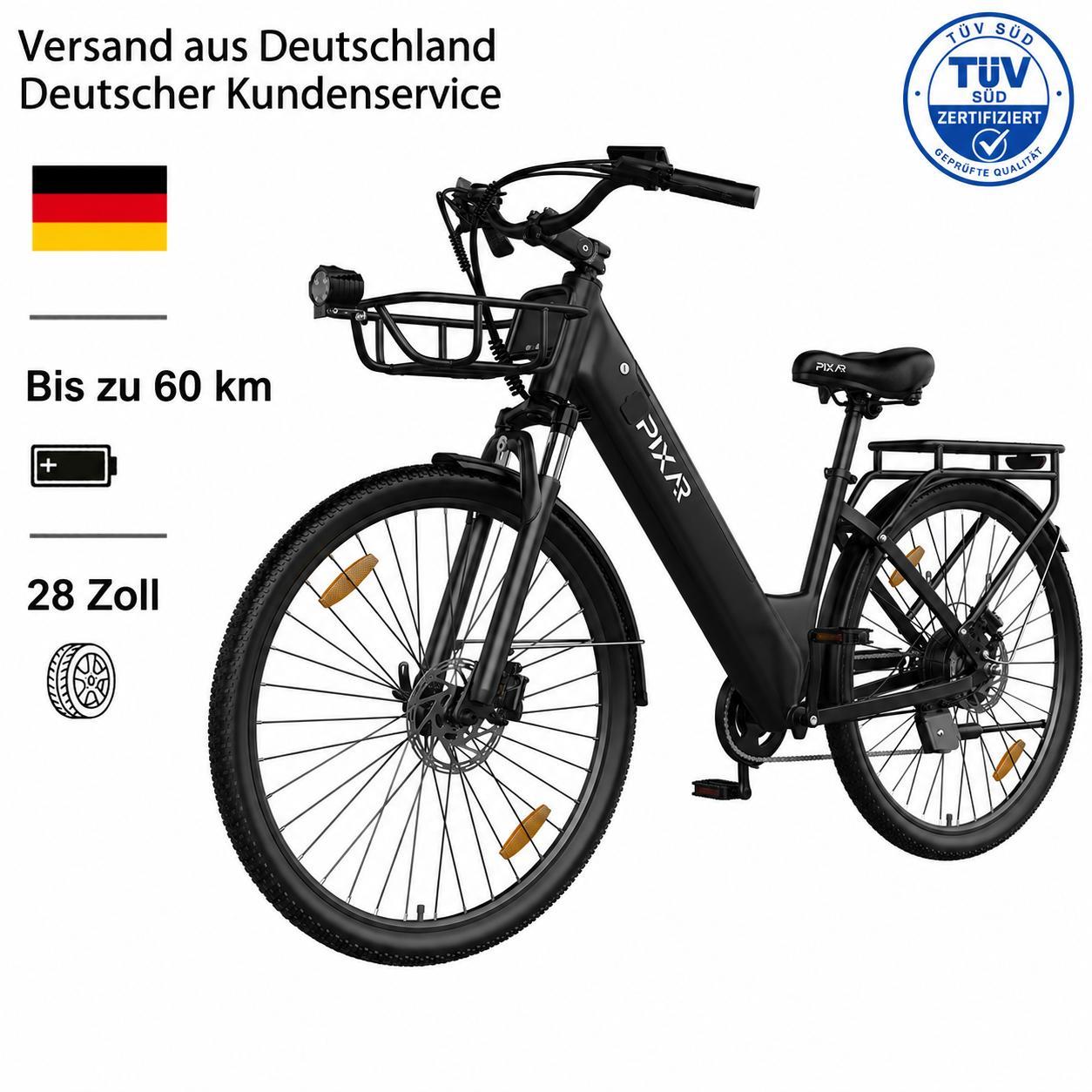 PIXAR C1 Pedelec 28 Zoll, 36V 13Ah Akku bis 50km Reichweite, Shimano 7-Gang, 250W