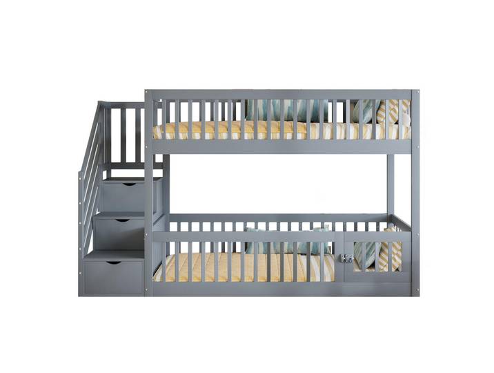 Redom Etagenbett 90/200 cm mit Stauraumtreppe, Schubladen und Spielbereich, Grau, 90x200 cm, Babymöbel & Kindermöbel, Kinderzimmer & Jugendzimmer, Stockbetten