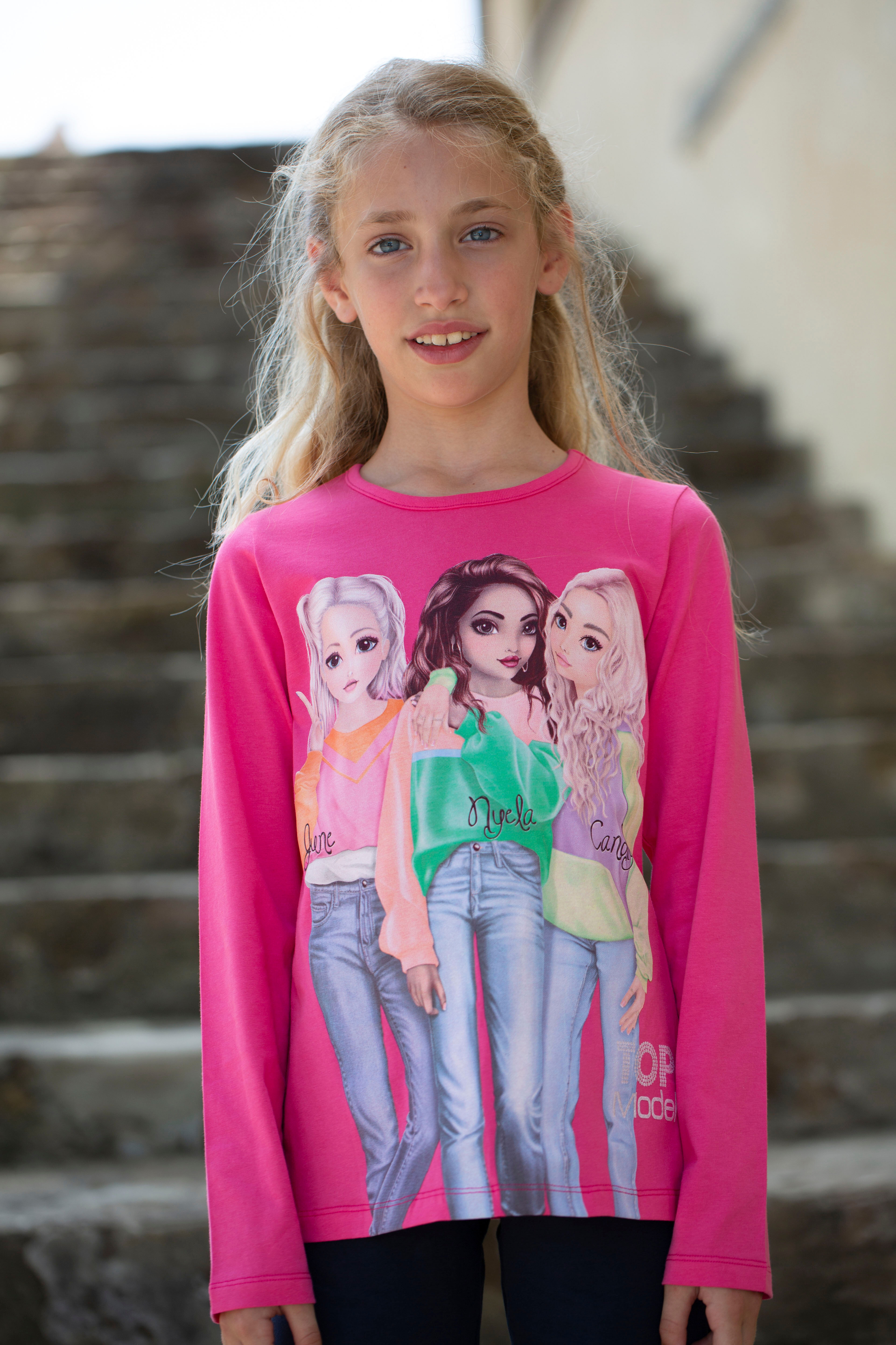 Langarmshirt TOPMODEL "Topmodel Langarmshirt", Mädchen, Gr. 128, pink (fandango pink), Single Jersey, Obermaterial: 100% Baumwolle, bedruckt, figurumspielend hüftbedeckend, Rundhals, abgesteppte Kante, Shirts Langarmshirt, mit extra grossem, coolem Frontm