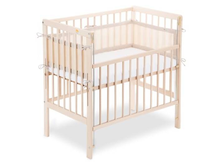 FabiMax Boxspring Baby Beistellbett Flex 90x55, TÜV geprüft, aus Buchenholz Natur, mit innovativem verstellbarem Seitengitter, passend für Boxspringbetten, Matratze Classic, Netz Beige