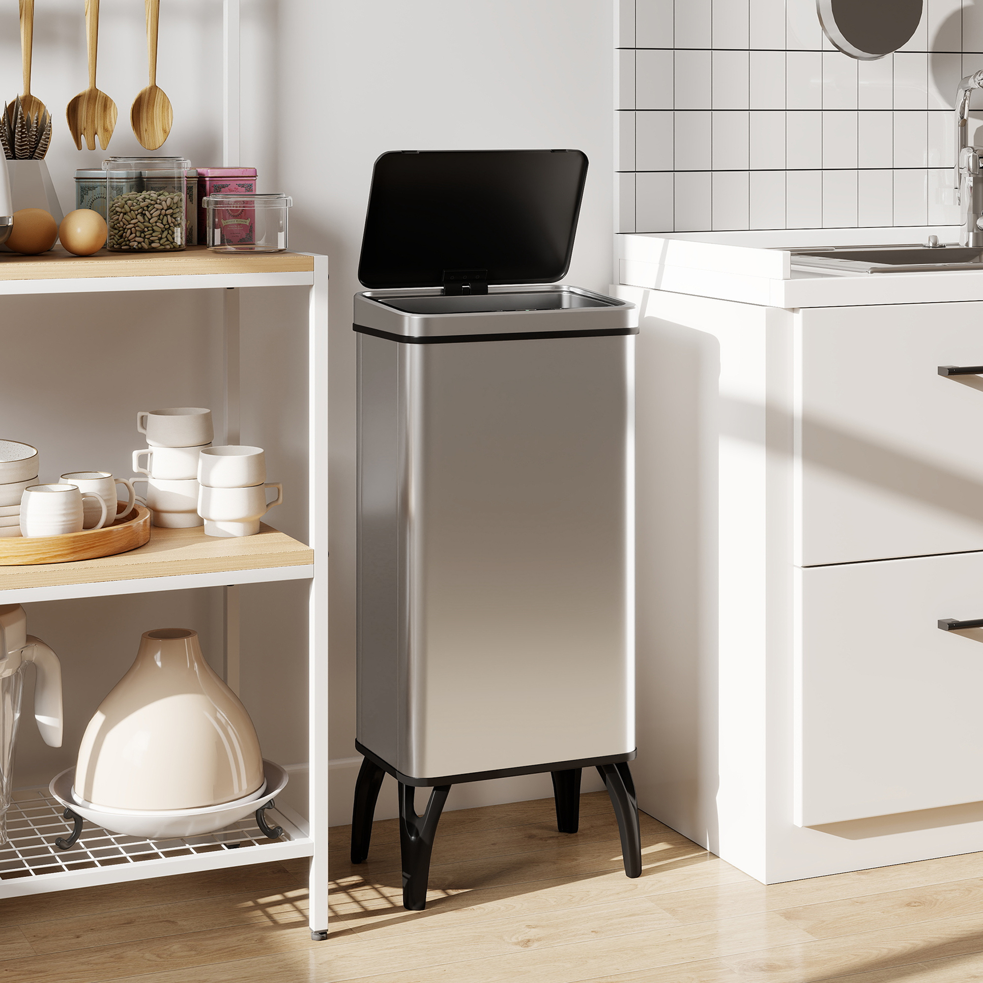 Homcom Pattumiera Automatica per Cucina 50 L, Cestino da Cucina in Acciaio Inox con Sensore a Infrarossi, Chiusura Ammortizzata, Argento   Aosom Italy