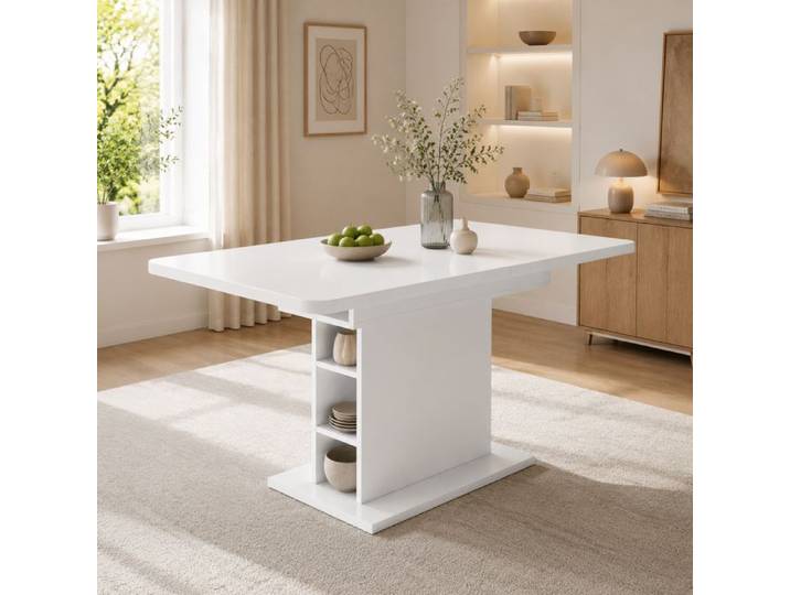 Table à manger extensible - Rectangulaire - Blanche - Rangement intégré - Structure métal & plateau panneaux