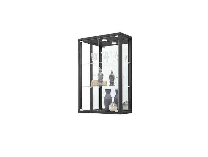 K-Möbel VR-Wohnwelten Hängevitrine (82x56x25,2cm) in Schwarz mit 2 Glasböden, Spiegel & LED - Modellauto Vitrine Schwarz - Vitrinenschrank Schwarz - Sammlervitrine - Glasvitrine klein Regal Glas Mini