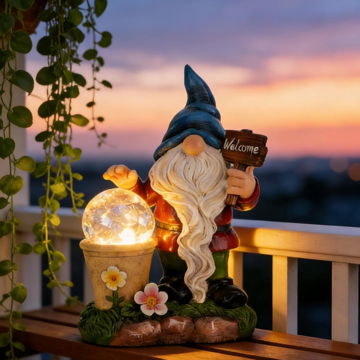 Tuinkabouter Decoratie met Zonne-energie Licht - Welkom Kabouter Beeldje - Blauw/Multicolor