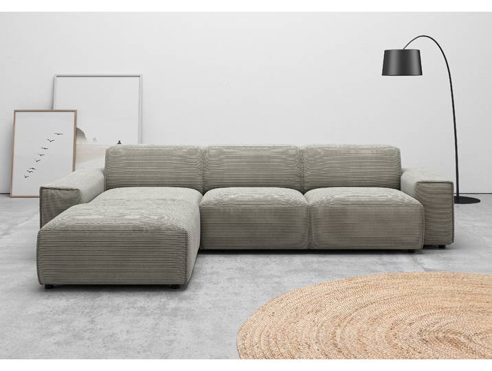 Ecksofa, Cord, Grau (Stone) 294×71 cm, L-Form, 3-Sitzer, Skandinavisch, andas