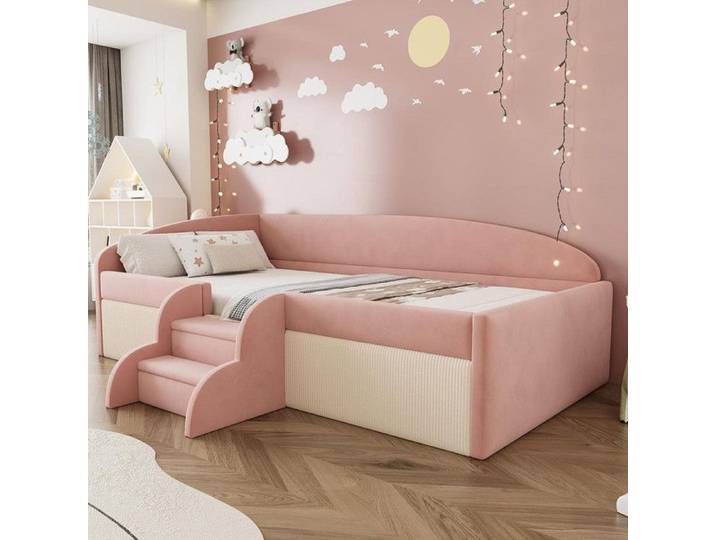 Canapé-lit rembourré 90x190 cm lit multifonctionnel avec barrières de sécurité lit 1 personne rose + crème