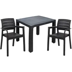 Set aus 2 Recanati-Sesseln in Anthrazit + schwarzem Polyrattan-Tisch