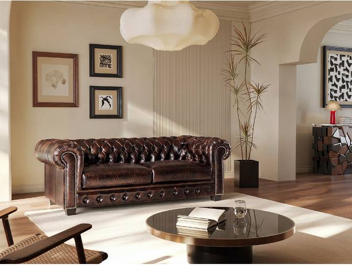 Chesterfield Ledersofa 3-Sitzer - 100% Büffelleder - Braun - BRENTON, Vintage-Leder-Look, genagelte Armlehnen, hohe Stabilität