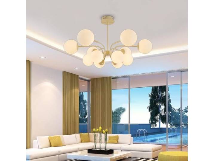 LYSDjia Sputnik Pendelleuchte 12-flammig Mid Century Metallkronleuchter für Esszimmer Kücheninsel moderner Kugel-Kronleuchter Deckenleuchte für Wohnzimmer Eingangsbereich Foyer Hängeleuchte(Yellow)