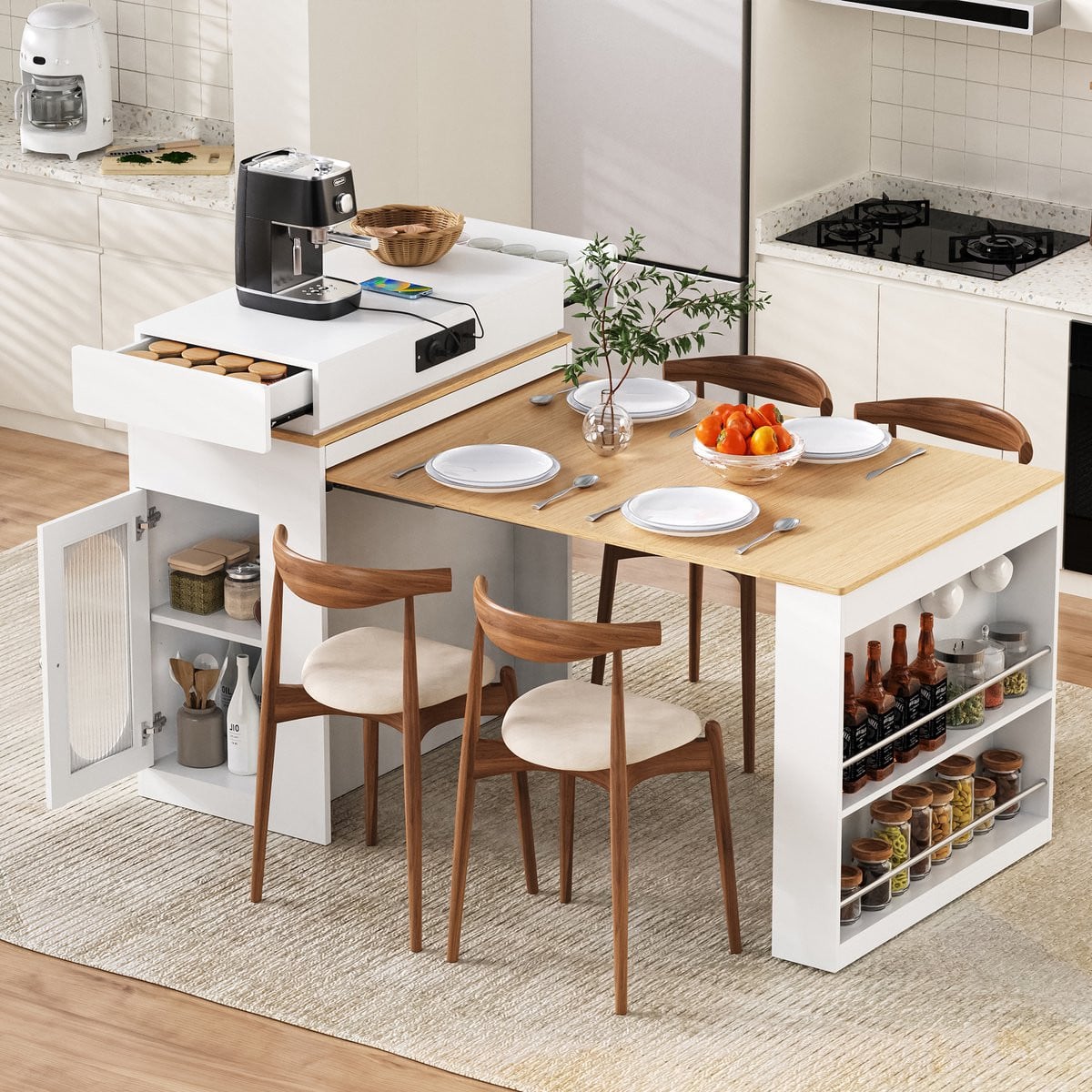 Merax Keukeneiland met wielen en uitschuifbare eettafel met opklapbaar tafelblad en bar, wit