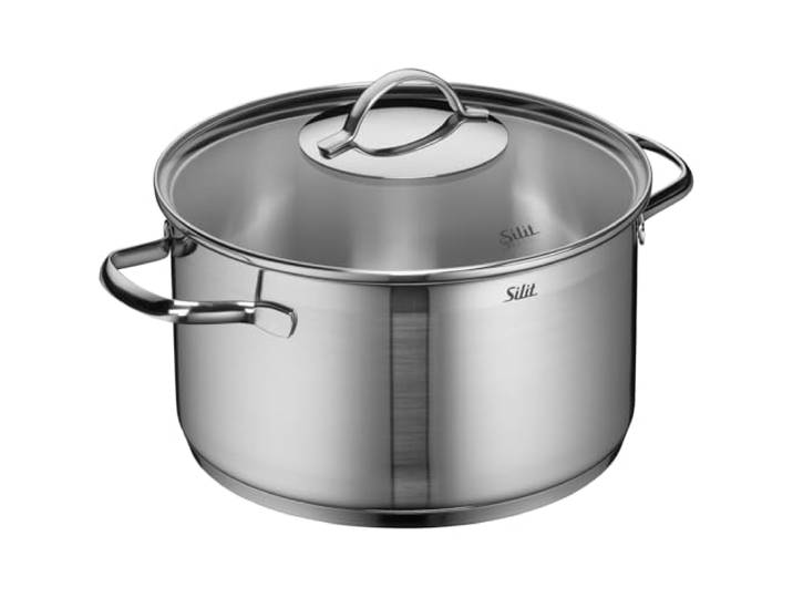 Silit Achat Kochtopf groß 24cm, Glasdeckel, Fleischtopf Induktion 5,6l, Edelstahl teilmattiert, unbeschichtet, backofengeeignet