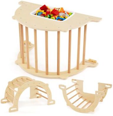 Costway 8 in 1 Climbing Arch Sensory Table for Kids with Collapsible Storage Bin for 3+ Years Old-Natural