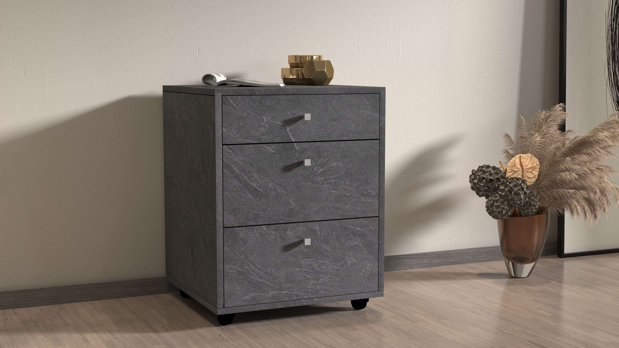 Rollcontainer HOME AFFAIRE "ESSE", grau (schiefer), B:47cm H:61cm T:45cm, Holzwerkstoff, Rollwagen, Rollcontainer, mit 3 Schubladen, Schreibtischcontainer, Höhe 61 cm