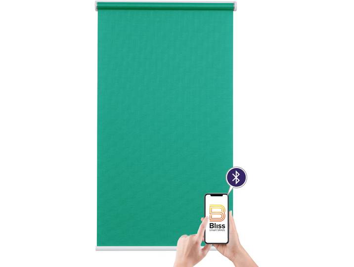 Elektrisches Rollo SUNLINES Mosaik , blau (türkis, weiß), B:100cm H:180cm, Kunststoff, Metall, Polyester, Rollos, Elektrisches Rollo, appgesteuert via Bluetooth, mit Akku und Motor, weisser Fallstab