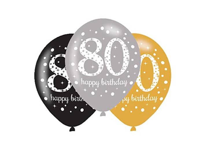 Amscan 9900974 - latexballonnen 80 Happy Birthday, 6 stuks, ballonnen, verjaardag, decoratie, zwart, zilver, goud