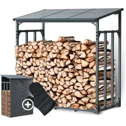 DELUKE® Kaminholzregal Außen mit Dach ELOS 140x70x145cm Metallrahmen, Inkl. Ofenhandschuh Brennholzregal außen Brennholzunterstand Kaminholzunterstand