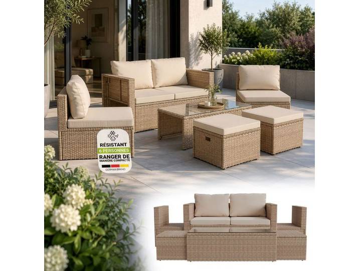 Juskys Salon de jardin Polyrattan Lounge Salou Crème / Sable – Ensemble mobilier extérieur 4 personnes