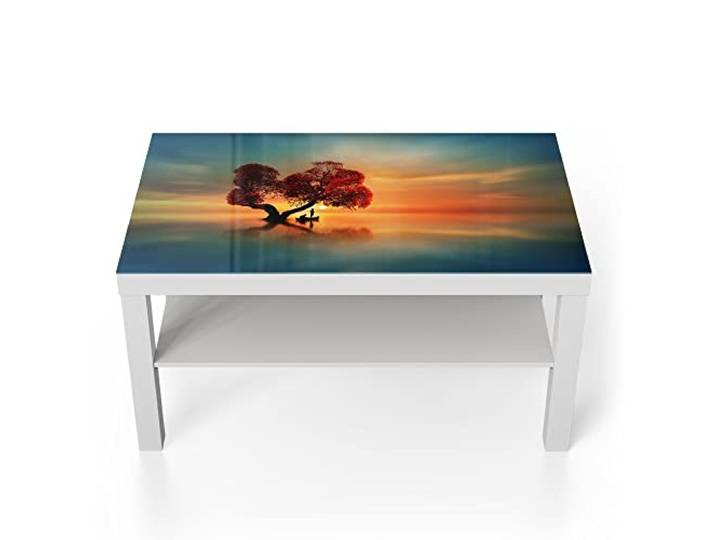 DEQORI Glastisch weiß groß 90x50 cm Motiv Fischerboot unter Baum ausgefallener Beistelltisch aus Glas Hochglanz Couchtisch fürs Wohnzimmer moderner Couch Tisch mit Design
