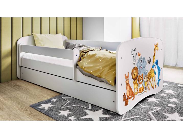 Einzelbett Buyo - Tiere 80 x 160cm mit Lattenrost & Matratze Weiß/Weiß
