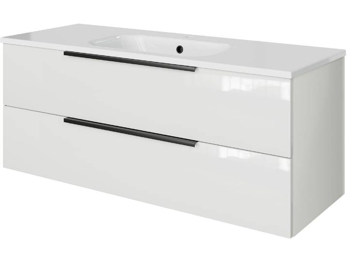 Badmöbel-Set SAPHIR Mineralmarmor-Waschtisch mit Waschtischunterschrank , weiss (schneeweiß glanz), B:121cm H:50cm T:46cm, Holzwerkstoff, Kastenmöbel-Sets, Badmöbel-Set