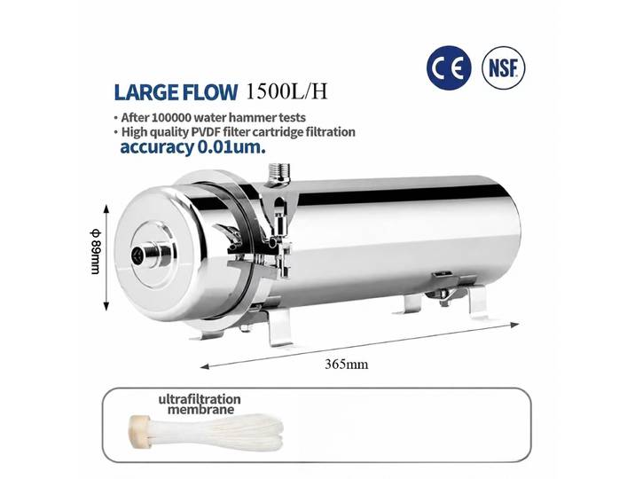Purificateur d'eau UF 1500L à haut débit pour toute la maison, filtre minéral en acier inoxydable de 0.01 μm avec Membrane PVDF lavable et réutilisable