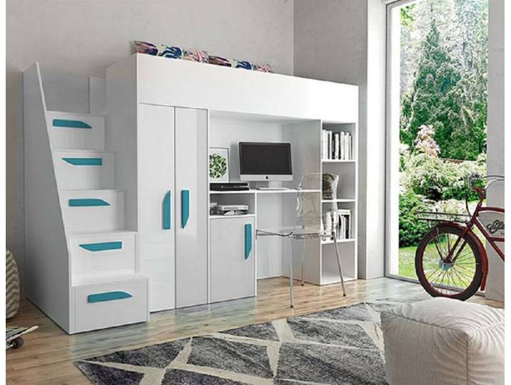 Hochbett PARTY (Etagenbett mit Schreibtisch + Kleiderschrank) Farbe wählbar