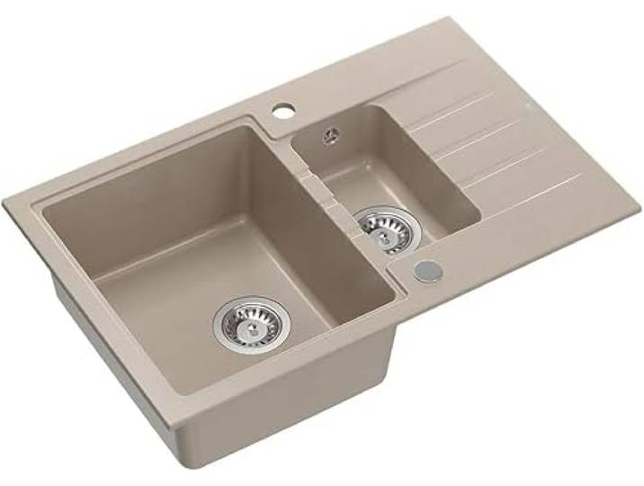 QUADRON Doppelbecken-Spüle Spülbecken Küchenspüle Größe 78 x 50 x 20 cm, Beige & Stahl PETER 156 Granit Granitspüle Doppelbecken Spüle Küche Unterschrank ab: 60 cm