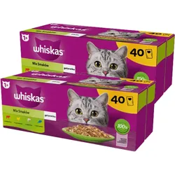 WHISKAS Adult Sachets 80 x 85 g Gemischte Geschmacksrichtungen - Nassfutter für ausgewachsene Katzen in Gelee (Schnitte mit: Rind, Huhn, Lachs, Thunfisch)