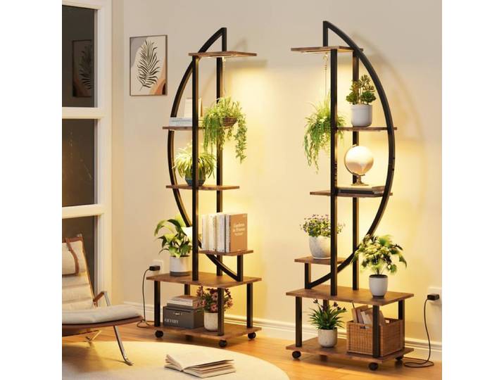 Étagère plantes 6 niveaux demi-cercle lampe H187cm lot 2 marron salon
