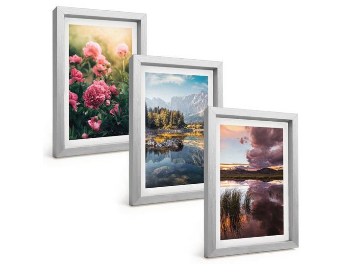 BILDER SET 3er Set - 20x30 cm Silberner Rahmen - Blumengarten Berge Wasser