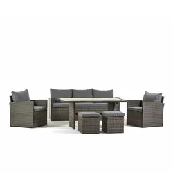 RATTATAN Garten Sitzgruppe 6 Plätze mit Sofa, 2 Sesseln, 2 Hockern und Tisch aus Polywood in Holzoptik, elegant und robust - CATANIA