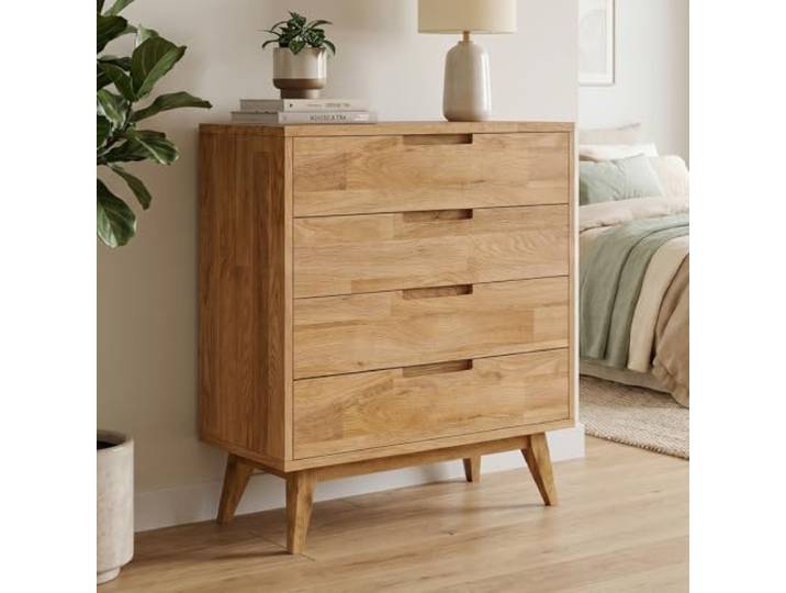 skølm Floki Kommode 80x40x90 cm, mit 4 Schubladen, Massivholz Eiche Natur Kommodenschrank & Fußrahmen, stabil, hochwertiges Sideboard Wohnzimmer, Holz geölt, Schlafzimmer/Esszimmer/Flur