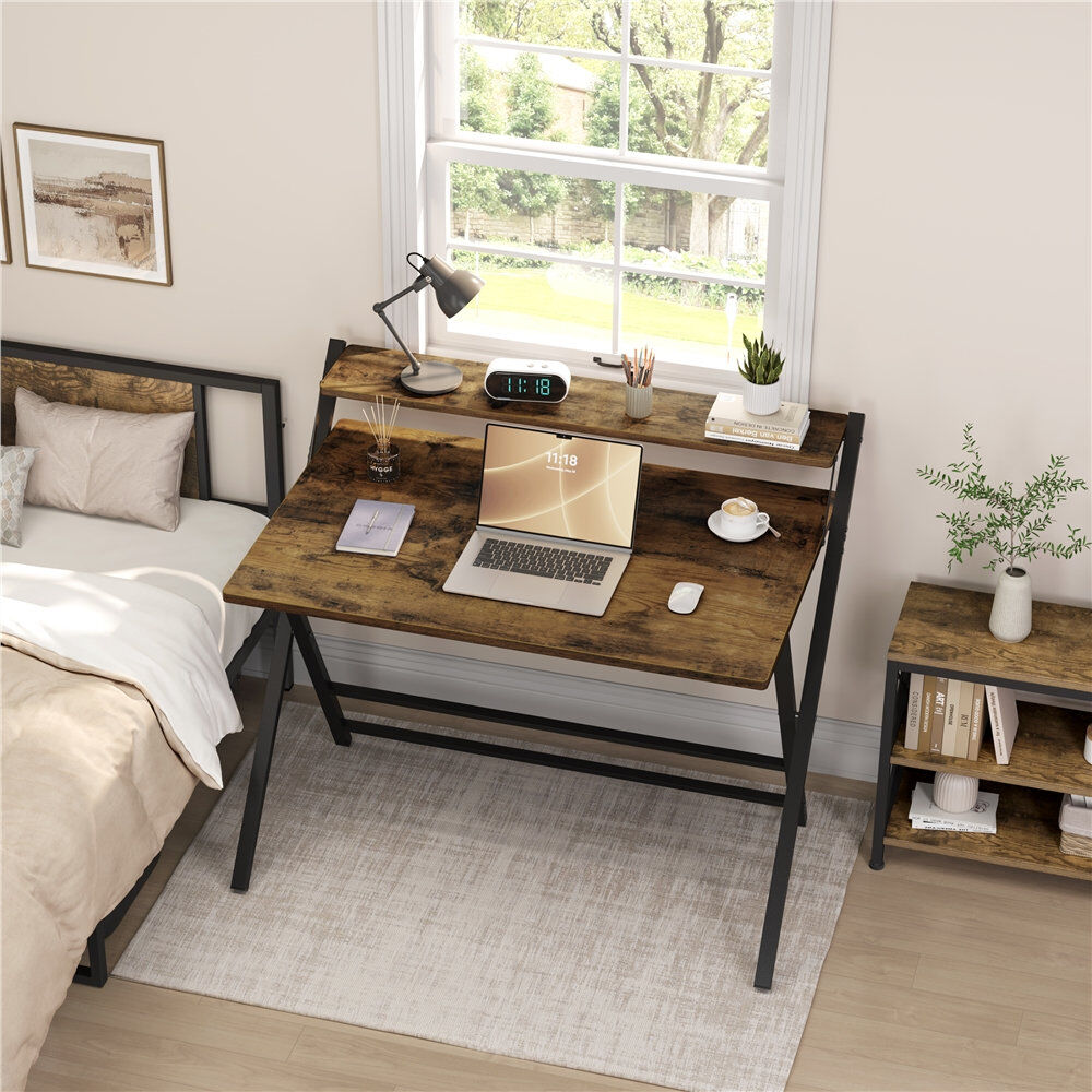 17 Stories 2-Tier Foldable Computer Desk Rustic Brown/Black 90cm. H x 106.5cm. W x 60.5cm. D