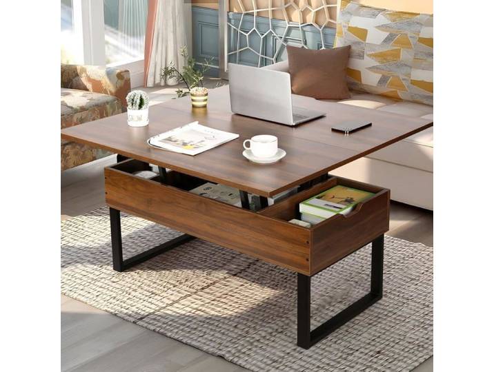 VOWNER Table Basse Relevable Table de Salon 3 en 1 avec Rangement Caché Couleur Noyer
