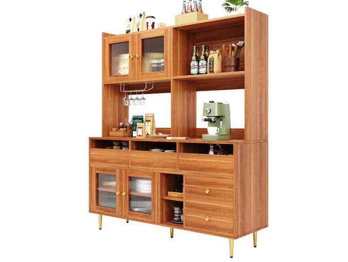 Redom Hochschrank aus MDF in Walnussbraun mit Changhong-Glastür und Weinregal, 145/39/171 cm, Walnussbraun, Walnussfarben, 145x171x39 cm, Esszimmer, Anrichten, Buffetschränke