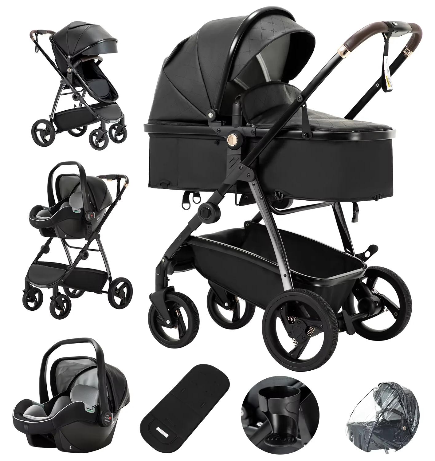 Baby Kinderwagen 3 in 1 - Kombikinderwagen - Hohe Sitzposition für geborene bis 2 Jahre - Klappbarer Reisebuggy - Mit Babywanne/Trage - Bis 20 kg - Schwarz 880B