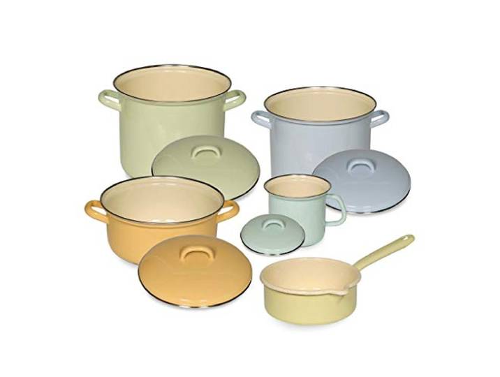 Riess, 0547-006, Emaille-Set 5tlg, BUNT/Pastell, 2 Töpfe mit Chromrand 18, 22 cm mit Deckel, 1 Kasserolle mit Deckel 20 cm, 1 Stielkasserolle 16 cm, 1 Henkeltopf mit Deckel 14 cm, Emaille