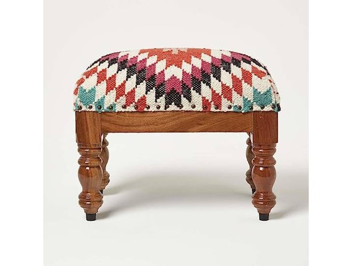 Homescapes Kelim-Hocker Manila 30x50 cm, Hocker rechteckig mit handgewebtem Kelim-Bezug, Polsterhocker mit Holzbeinen