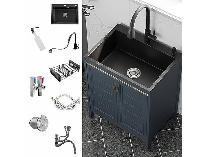 Waschbecken Küche,Spüle mit Unterschrank,Spülbecken Edelstahl,küchenspüle,Camping Waschbecken,Spülenschrank,Ausgussbecken,mit Wasserhahn Ausziehbar Und Armatur,für Campingküche,Garten,Waschbecken ( Si