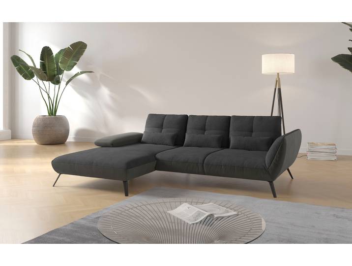 Ecksofa, 100% Polyester, Dunkelgrau, 276×183 cm, Mit Sitztiefen- & Armteilverstellung, Modern, Places of Style