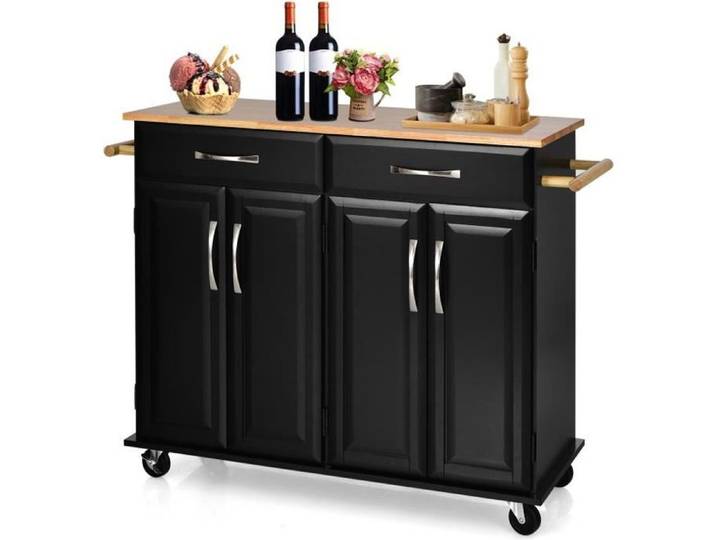 COSTWAY Desserte de Cuisine à Roulettes - 2 Tiroirs 2 Armoires à Double Porte Étagères réglables - îlot Chariot de Cuisine – Noir