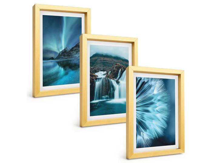 Tulup Bilder SET 3er Set - 20x30 cm Goldrahmen - Winterlandschaften mit Wasserfällen, Goldfarben, Kunststoff, Rechteckig, 20x30 cm, gerahmt, Bilder & Rahmen, Bilder