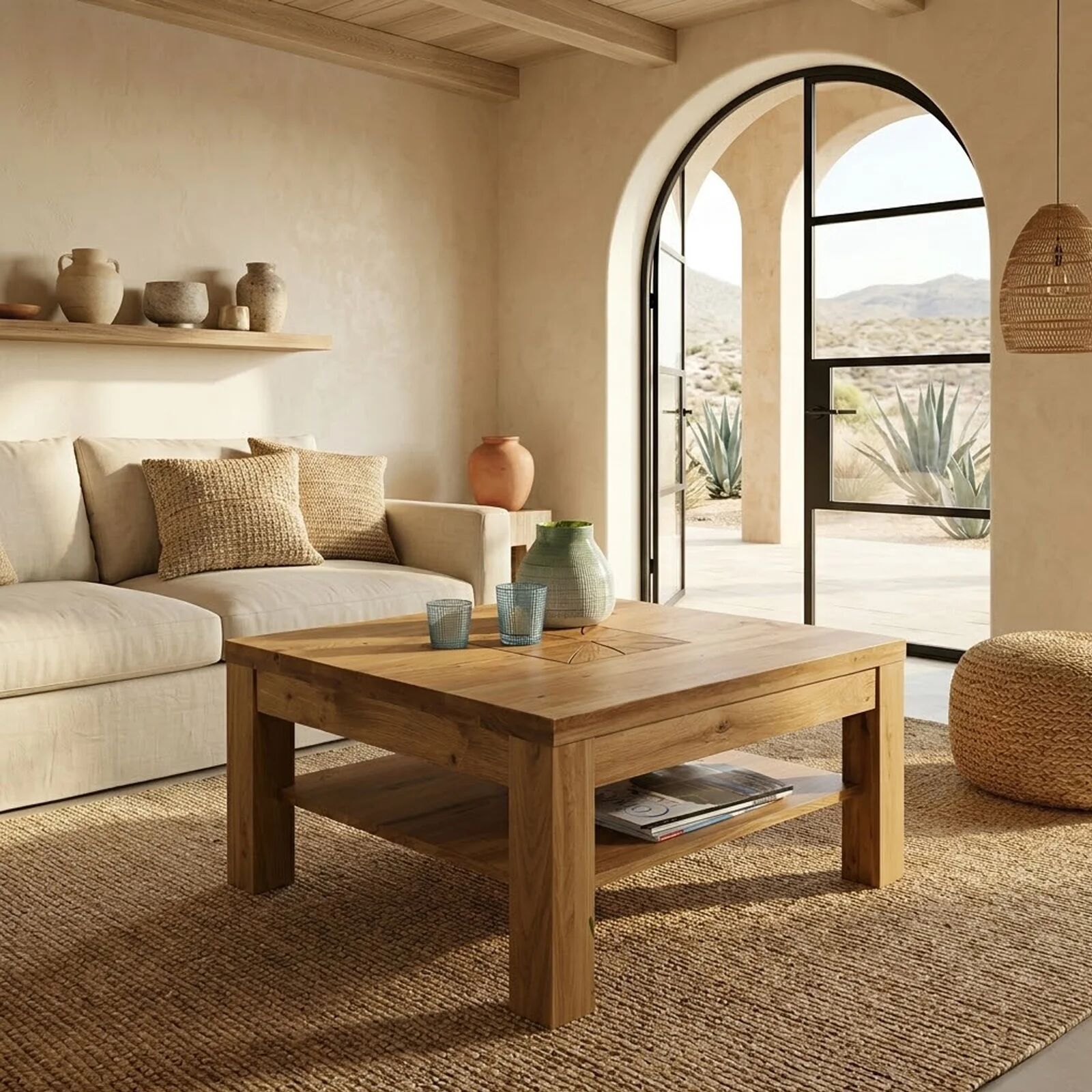 garneroarredamenti Tavolino da salotto 70x70cm 1 ripiano a vista legno massello quercia Ebania