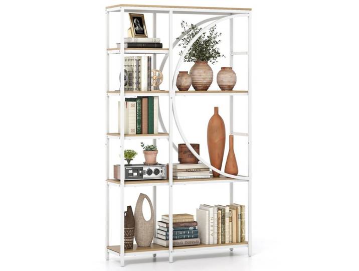 Bibliothèque à 6 Niveaux COSTWAY Étagère Autoportante avec Rangement Ouverts Design en Arc Cadre en Métal Salon Bureau Blanc