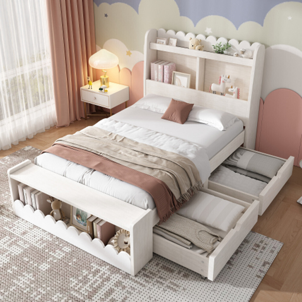 Kinderbett Einzelbett Stauraumbett mit Schubladen, Regal und Sitzbank mit Stauraum, Holzbett 90x190 cm, Bettgestell und Lattenrost aus Holz