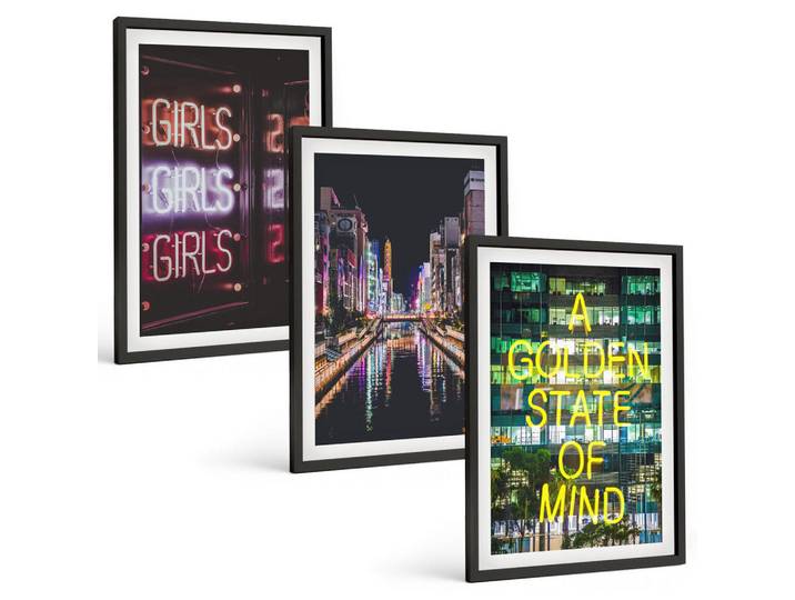 Tulup Bilder SET 3er Set - 40x60 cm Schwarzer Rahmen - Neonlichter am Fluss bei Nacht, Kunststoff, Rechteckig, 40x60 cm, einfache und schnelle Anbringung, Bilder & Rahmen, Bilder