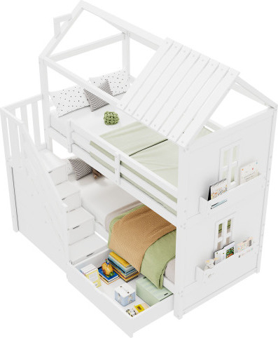 Etagenbett 90x200cm Ohne Matratze Kinderbett Weiss Kiefer MDF Stauraumtreppe Schubladen Regale Extra Stauraum