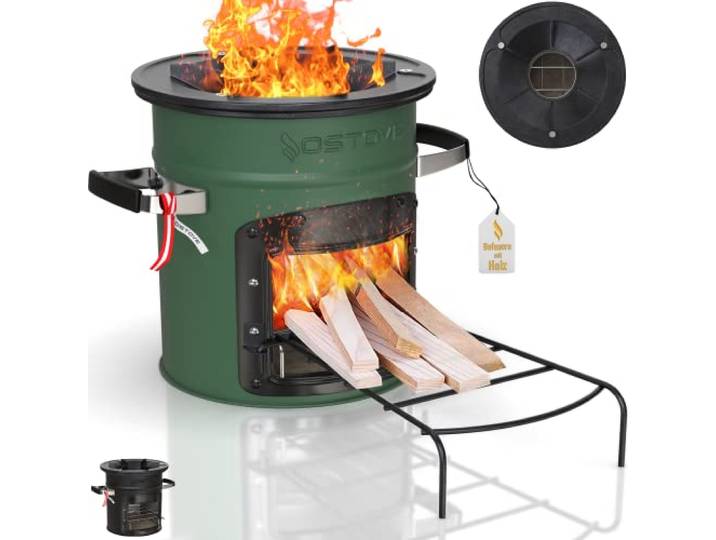 Raketenofen Holz 26 cm – Outdoor-Holzofen mit Gusseisen-Kochplatte Raketenofen für Biomasse, Ø 26 cm und 26 cm hoch – mit gusseiserner Kochplatte, ausschließlich zur Verwendung im Freien