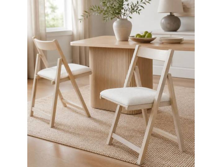 Chaise pliante - PAGE LIVING - Lot de 2 - Bois d'hévéa - Coussins capitonnés en sherpa - Pliable 150 kg